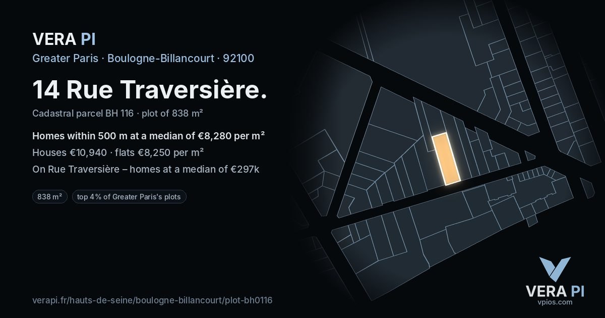 14 Rue Traversière, Boulogne-Billancourt at night – the plot lit, the parcels around coloured by the prices near them