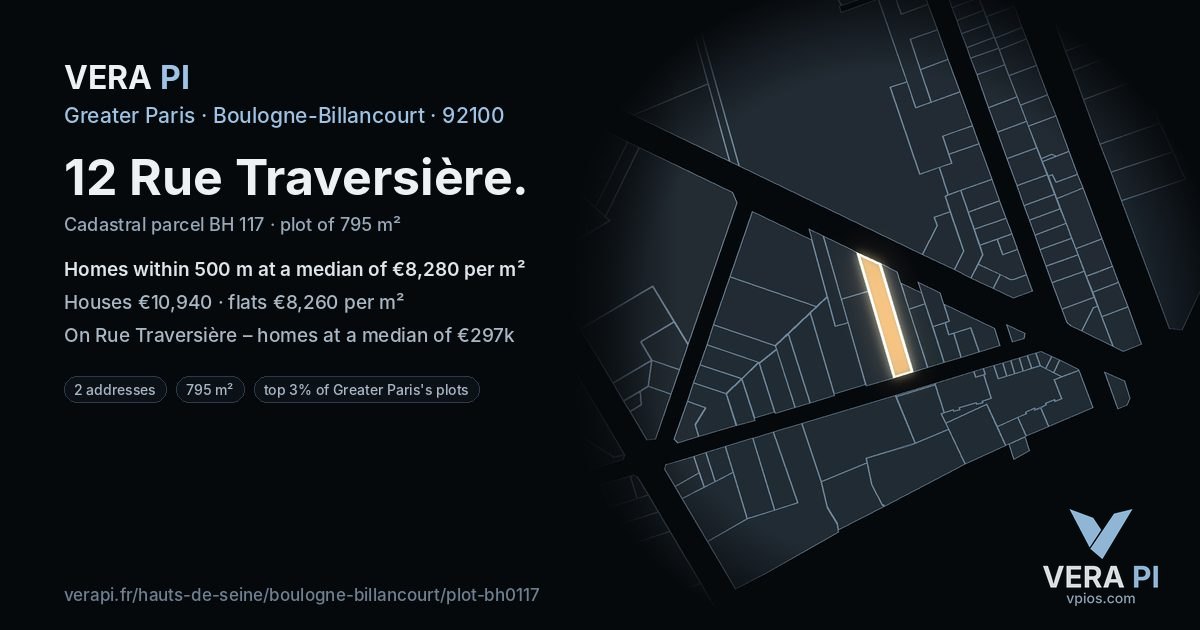 12 Rue Traversière, Boulogne-Billancourt at night – the plot lit, the parcels around coloured by the prices near them