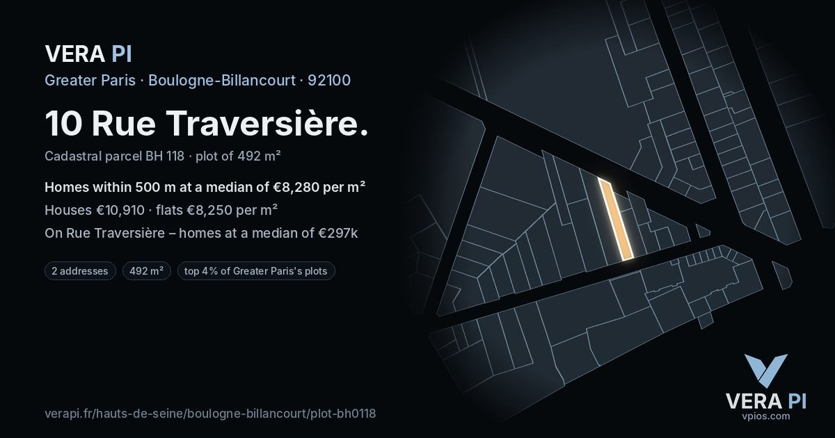 10 Rue Traversière, Boulogne-Billancourt at night – the plot lit, the parcels around coloured by the prices near them