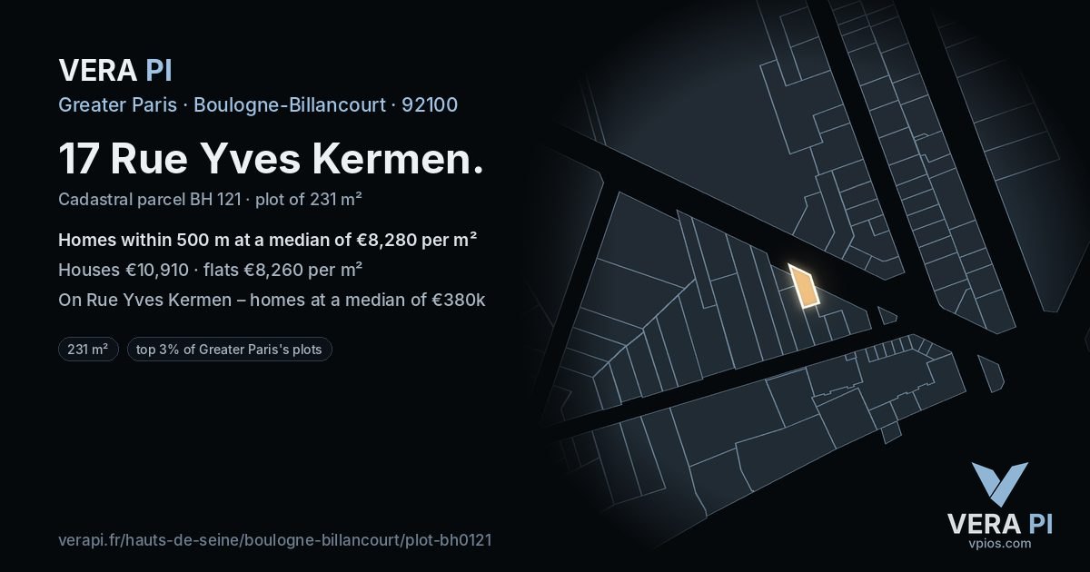 17 Rue Yves Kermen, Boulogne-Billancourt at night – the plot lit, the parcels around coloured by the prices near them