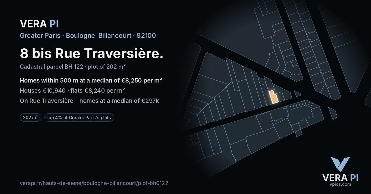 8 bis Rue Traversière, Boulogne-Billancourt at night – the plot lit, the parcels around coloured by the prices near them