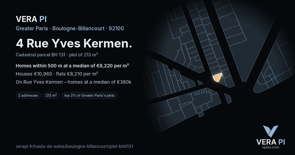 4 Rue Yves Kermen, Boulogne-Billancourt at night – the plot lit, the parcels around coloured by the prices near them