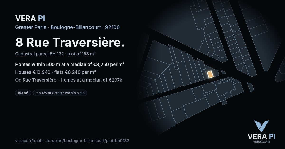 8 Rue Traversière, Boulogne-Billancourt at night – the plot lit, the parcels around coloured by the prices near them