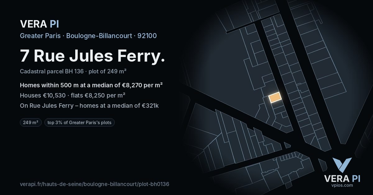 7 Rue Jules Ferry, Boulogne-Billancourt at night – the plot lit, the parcels around coloured by the prices near them