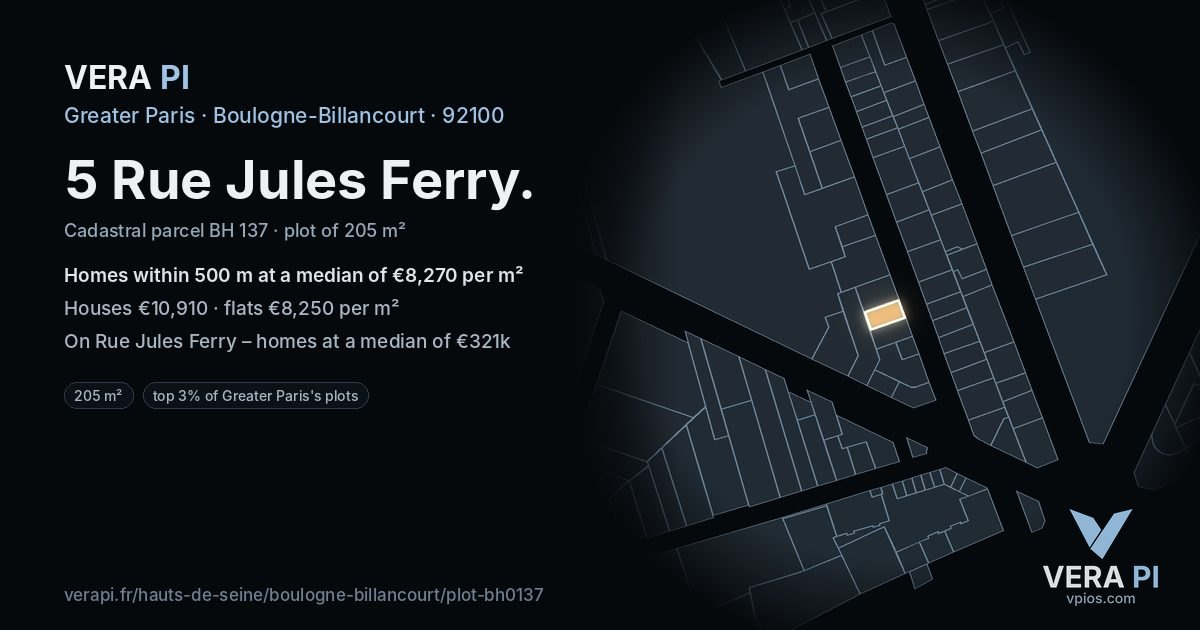 5 Rue Jules Ferry, Boulogne-Billancourt at night – the plot lit, the parcels around coloured by the prices near them