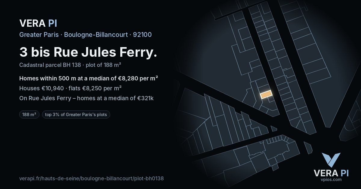3 bis Rue Jules Ferry, Boulogne-Billancourt at night – the plot lit, the parcels around coloured by the prices near them