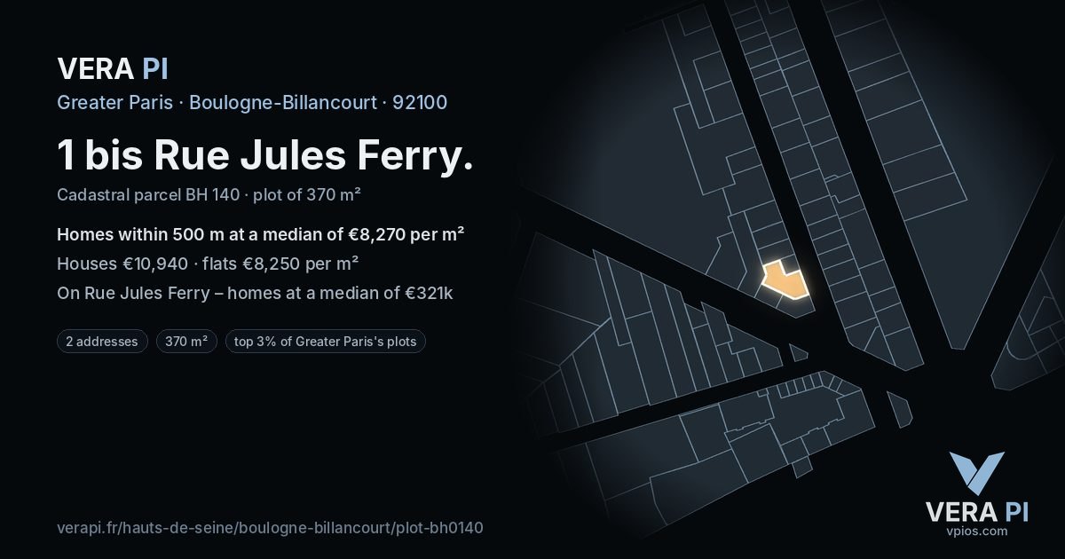 1 bis Rue Jules Ferry, Boulogne-Billancourt at night – the plot lit, the parcels around coloured by the prices near them