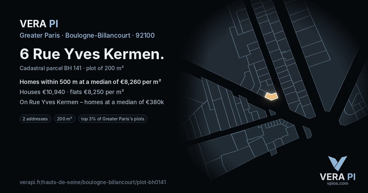 6 Rue Yves Kermen, Boulogne-Billancourt at night – the plot lit, the parcels around coloured by the prices near them
