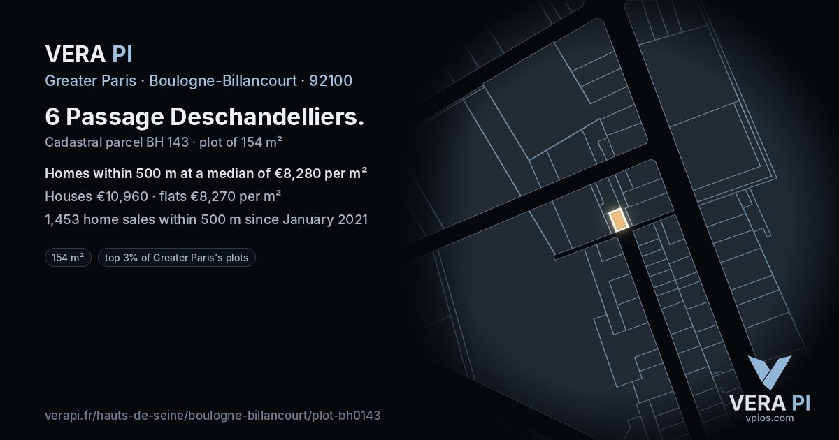 6 Passage Deschandelliers, Boulogne-Billancourt at night – the plot lit, the parcels around coloured by the prices near them