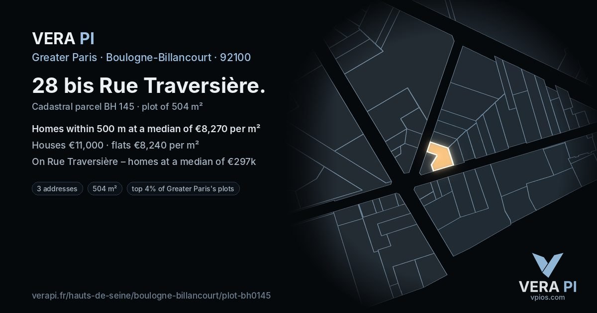 28 bis Rue Traversière, Boulogne-Billancourt at night – the plot lit, the parcels around coloured by the prices near them