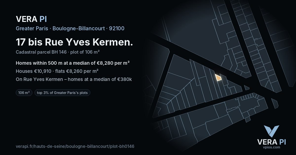 17 bis Rue Yves Kermen, Boulogne-Billancourt at night – the plot lit, the parcels around coloured by the prices near them