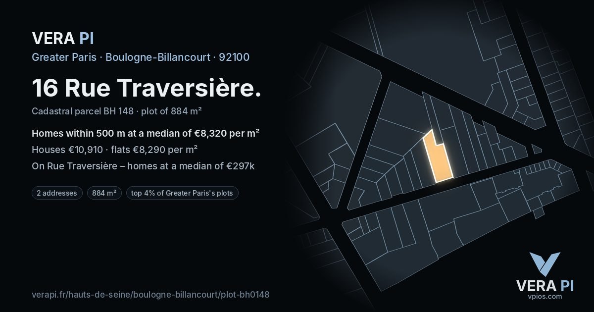 16 Rue Traversière, Boulogne-Billancourt at night – the plot lit, the parcels around coloured by the prices near them