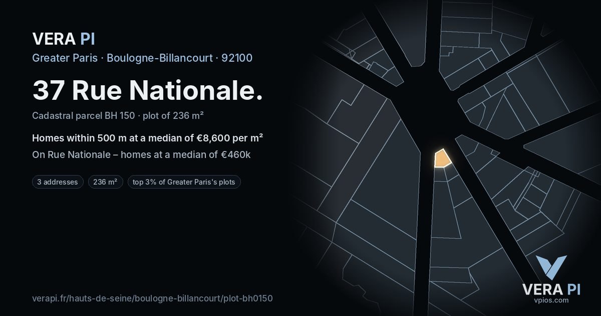 37 Rue Nationale, Boulogne-Billancourt at night – the plot lit, the parcels around coloured by the prices near them