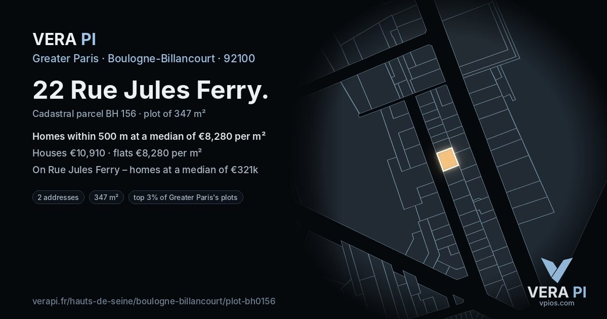 22 Rue Jules Ferry, Boulogne-Billancourt at night – the plot lit, the parcels around coloured by the prices near them