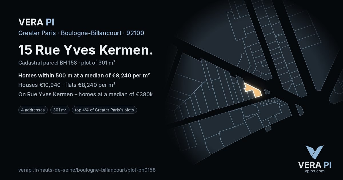 15 Rue Yves Kermen, Boulogne-Billancourt at night – the plot lit, the parcels around coloured by the prices near them