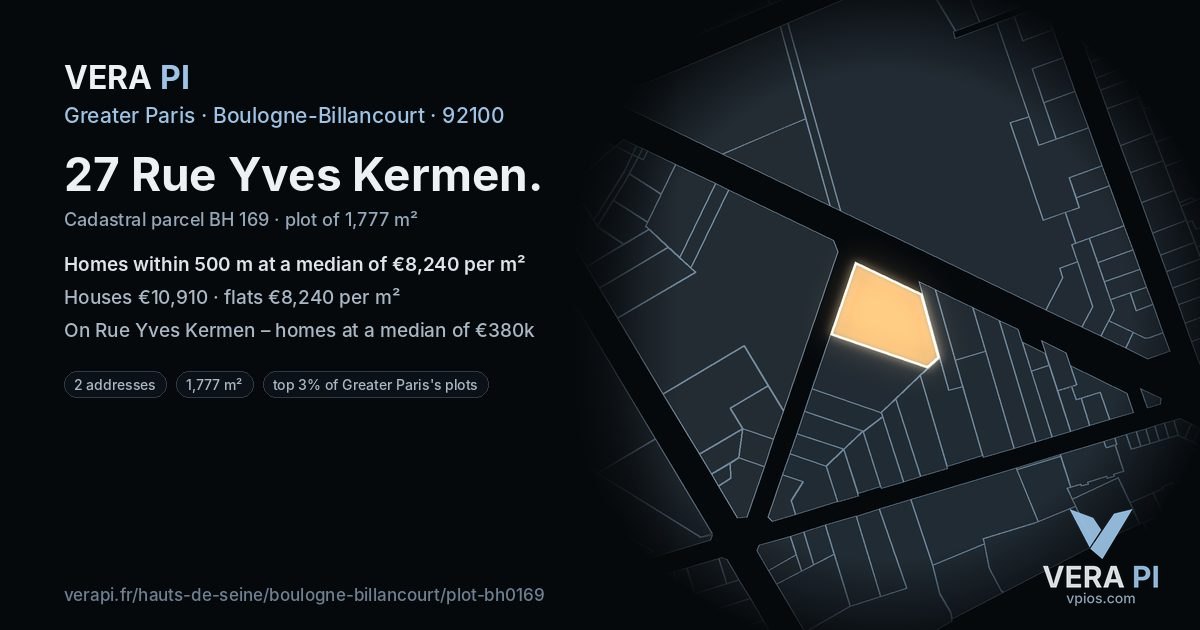 27 Rue Yves Kermen, Boulogne-Billancourt at night – the plot lit, the parcels around coloured by the prices near them