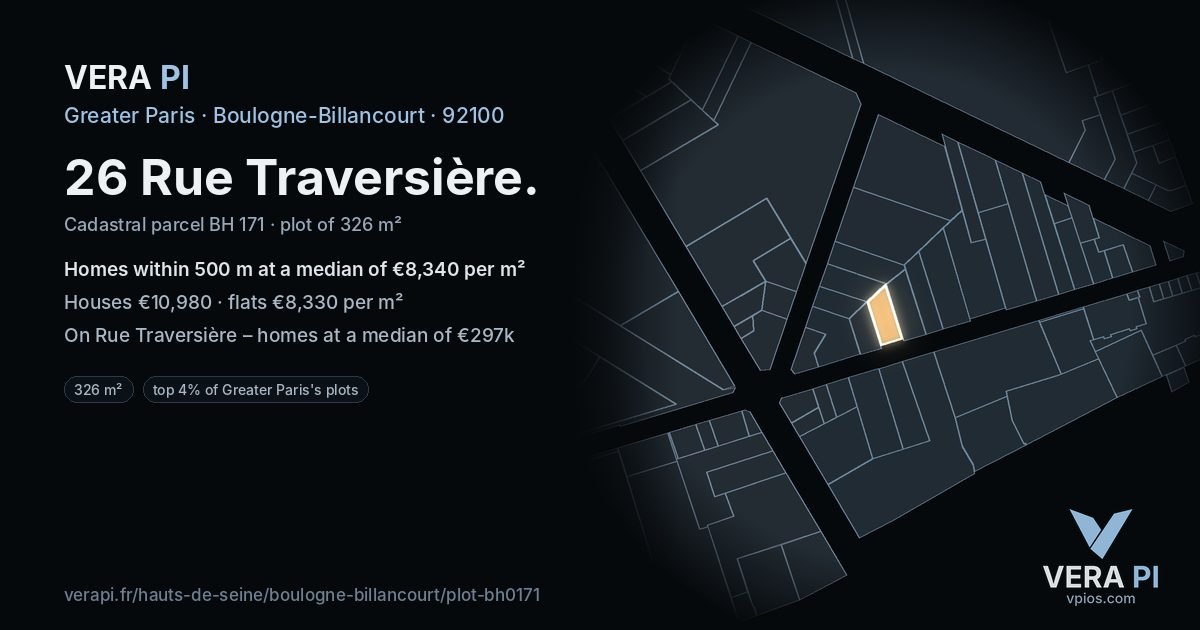 26 Rue Traversière, Boulogne-Billancourt at night – the plot lit, the parcels around coloured by the prices near them