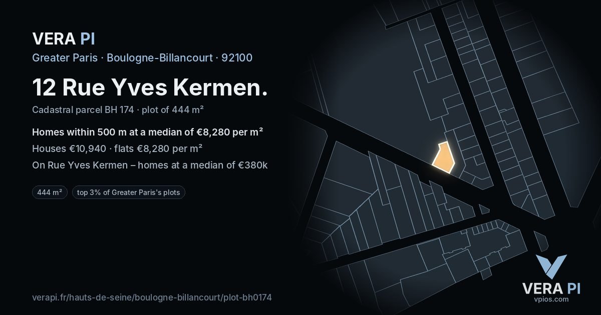 12 Rue Yves Kermen, Boulogne-Billancourt at night – the plot lit, the parcels around coloured by the prices near them