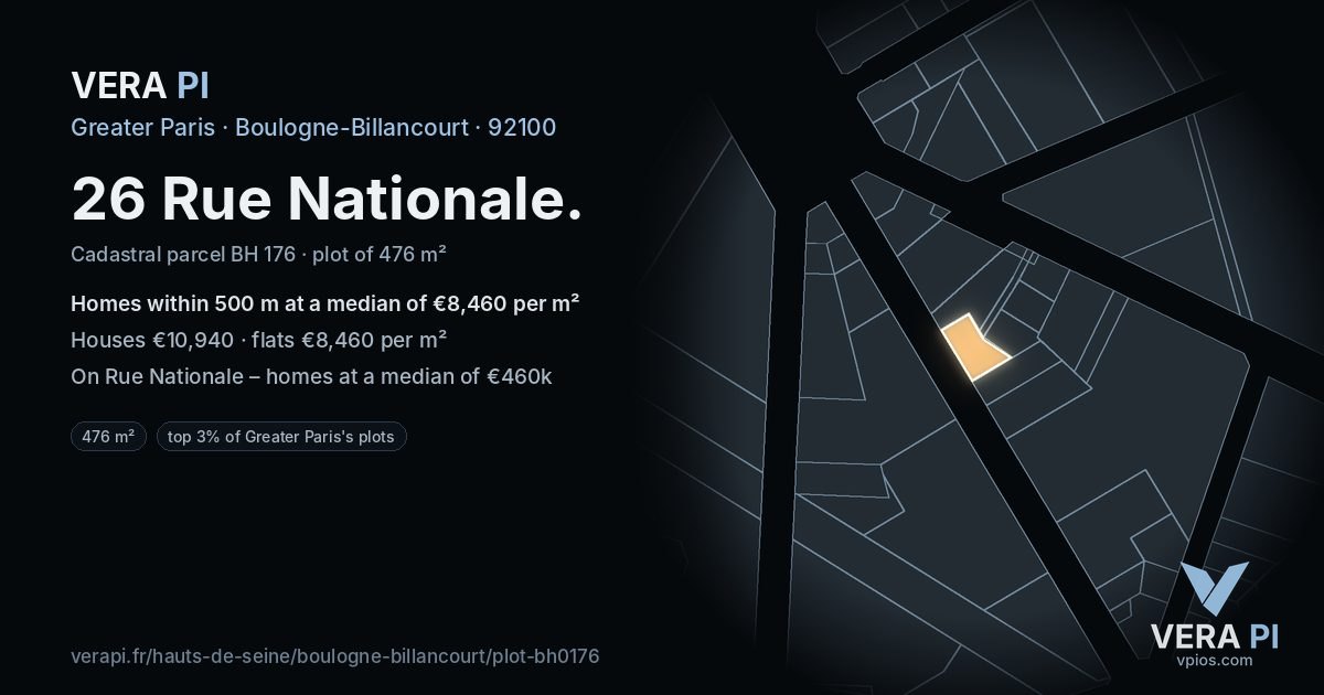 26 Rue Nationale, Boulogne-Billancourt at night – the plot lit, the parcels around coloured by the prices near them