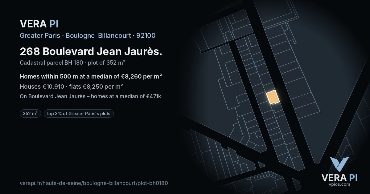 268 Boulevard Jean Jaurès, Boulogne-Billancourt at night – the plot lit, the parcels around coloured by the prices near them