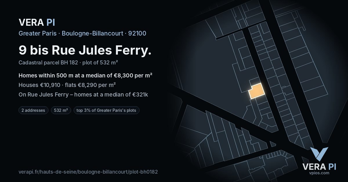 9 bis Rue Jules Ferry, Boulogne-Billancourt at night – the plot lit, the parcels around coloured by the prices near them