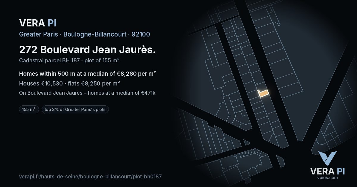 272 Boulevard Jean Jaurès, Boulogne-Billancourt at night – the plot lit, the parcels around coloured by the prices near them