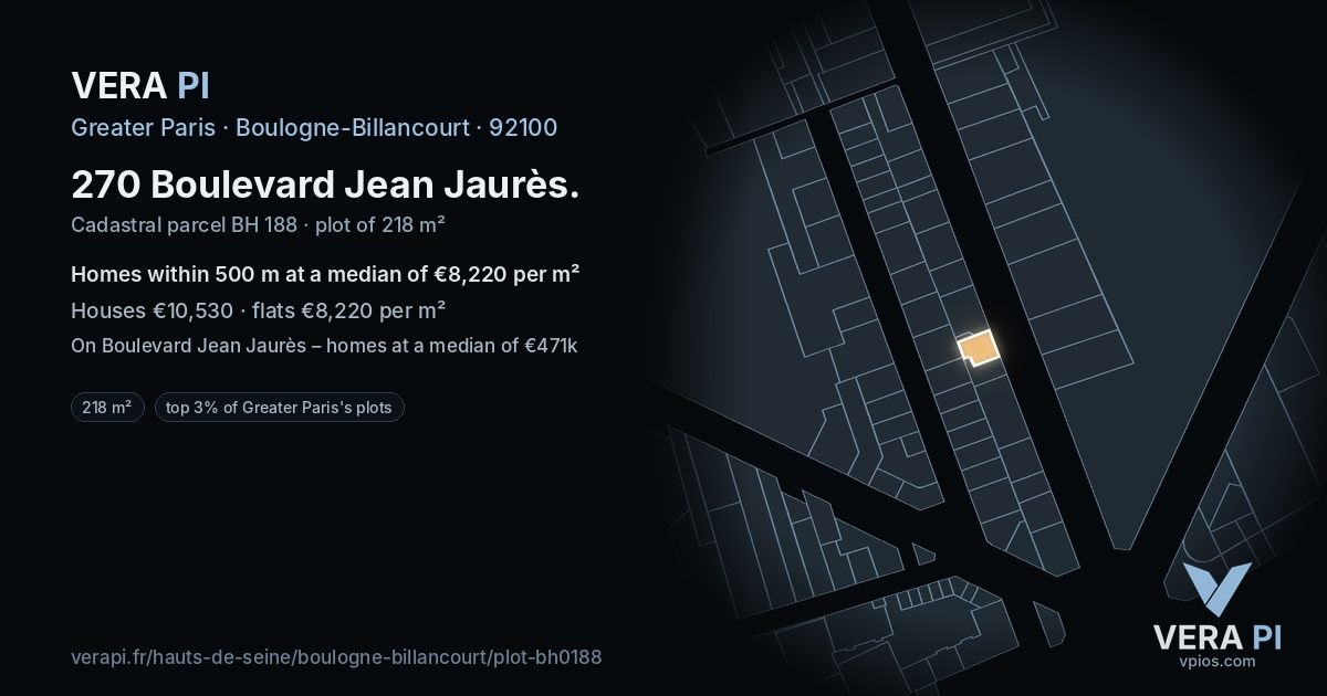 270 Boulevard Jean Jaurès, Boulogne-Billancourt at night – the plot lit, the parcels around coloured by the prices near them