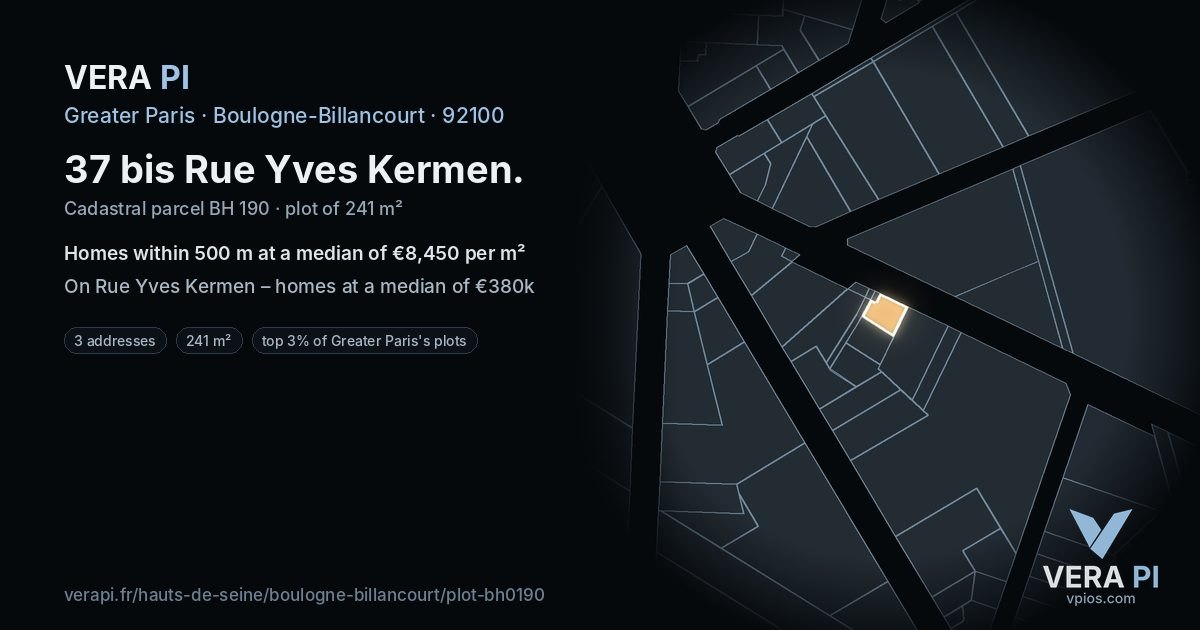 37 bis Rue Yves Kermen, Boulogne-Billancourt at night – the plot lit, the parcels around coloured by the prices near them