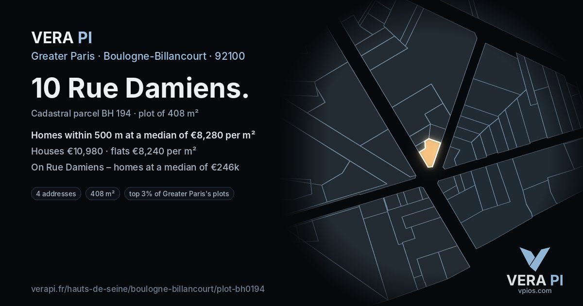 10 Rue Damiens, Boulogne-Billancourt at night – the plot lit, the parcels around coloured by the prices near them