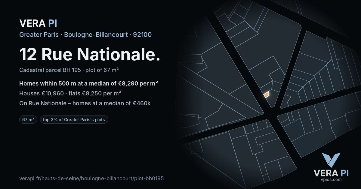 12 Rue Nationale, Boulogne-Billancourt at night – the plot lit, the parcels around coloured by the prices near them