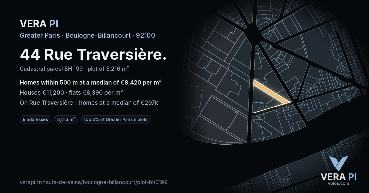 44 Rue Traversière, Boulogne-Billancourt at night – the plot lit, the parcels around coloured by the prices near them