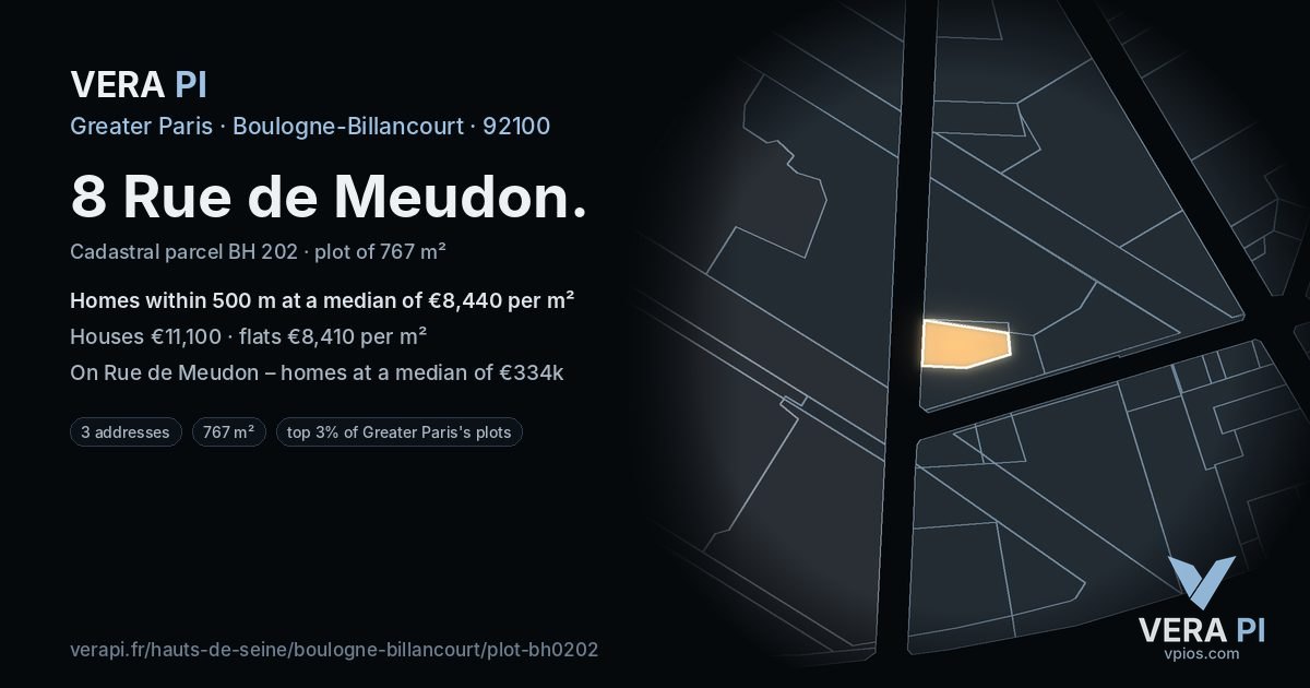 8 Rue de Meudon, Boulogne-Billancourt at night – the plot lit, the parcels around coloured by the prices near them