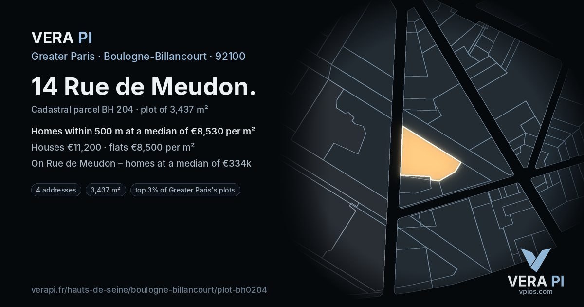 14 Rue de Meudon, Boulogne-Billancourt at night – the plot lit, the parcels around coloured by the prices near them