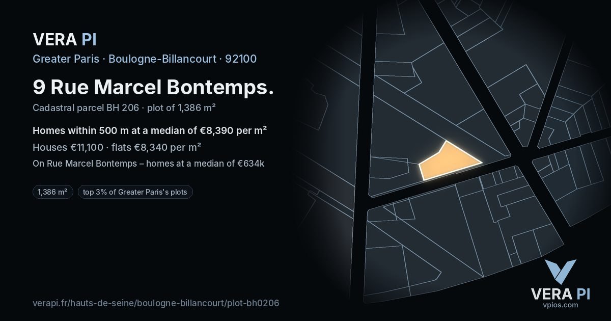 9 Rue Marcel Bontemps, Boulogne-Billancourt at night – the plot lit, the parcels around coloured by the prices near them