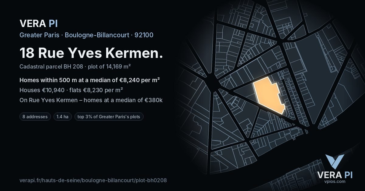 18 Rue Yves Kermen, Boulogne-Billancourt at night – the plot lit, the parcels around coloured by the prices near them