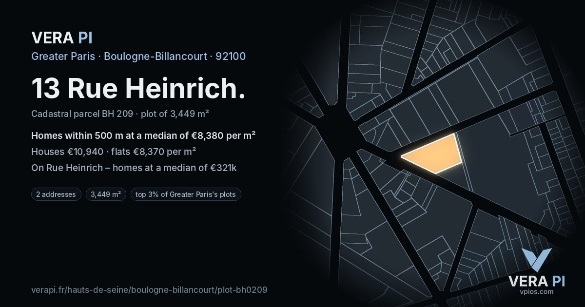 13 Rue Heinrich, Boulogne-Billancourt at night – the plot lit, the parcels around coloured by the prices near them