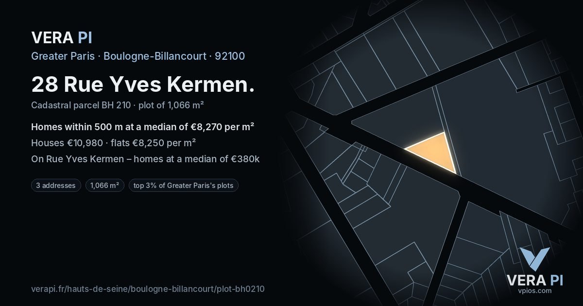 28 Rue Yves Kermen, Boulogne-Billancourt at night – the plot lit, the parcels around coloured by the prices near them