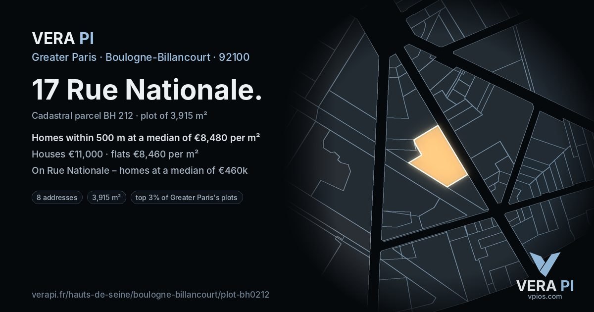 17 Rue Nationale, Boulogne-Billancourt at night – the plot lit, the parcels around coloured by the prices near them