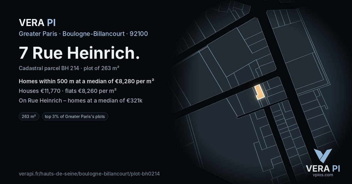 7 Rue Heinrich, Boulogne-Billancourt at night – the plot lit, the parcels around coloured by the prices near them