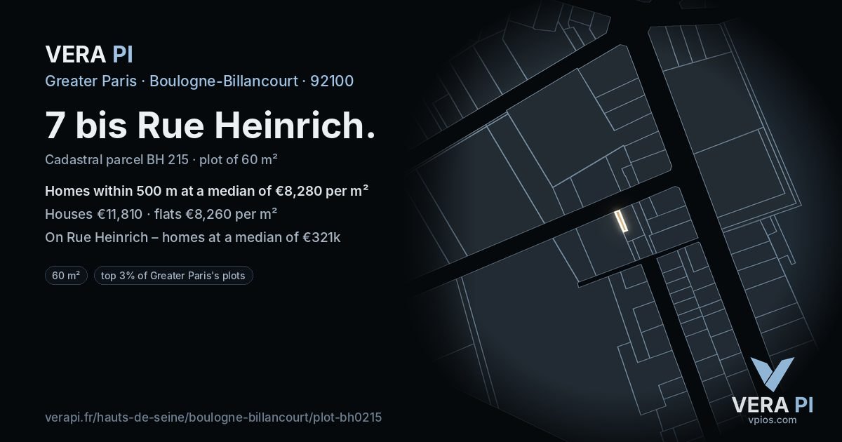 7 bis Rue Heinrich, Boulogne-Billancourt at night – the plot lit, the parcels around coloured by the prices near them