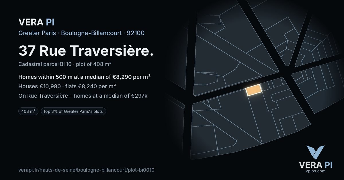 37 Rue Traversière, Boulogne-Billancourt at night – the plot lit, the parcels around coloured by the prices near them
