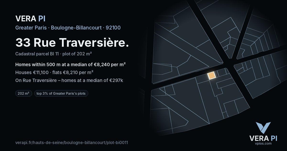 33 Rue Traversière, Boulogne-Billancourt at night – the plot lit, the parcels around coloured by the prices near them