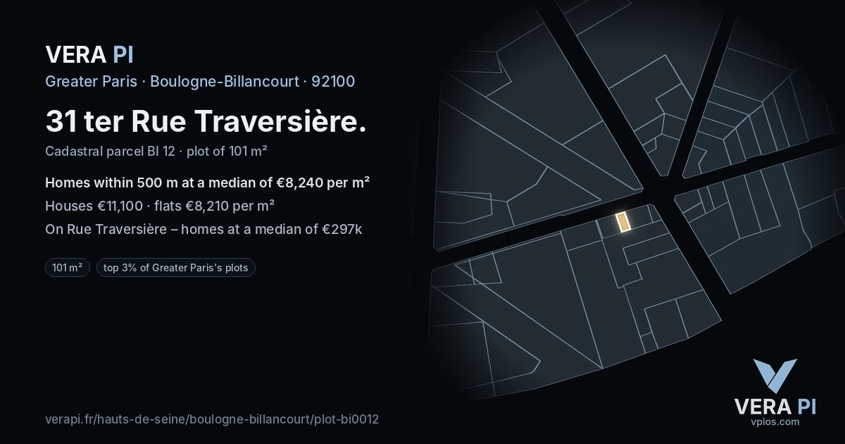 31 ter Rue Traversière, Boulogne-Billancourt at night – the plot lit, the parcels around coloured by the prices near them
