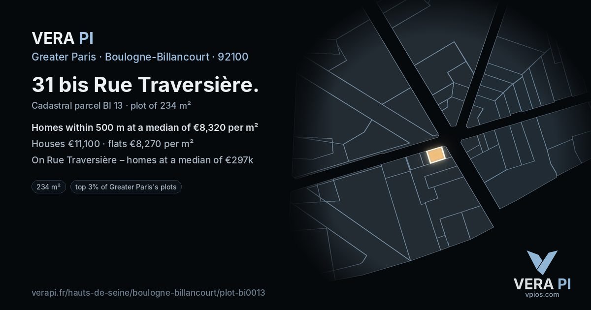 31 bis Rue Traversière, Boulogne-Billancourt at night – the plot lit, the parcels around coloured by the prices near them