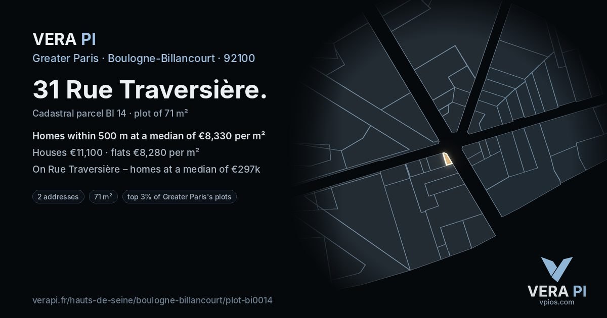 31 Rue Traversière, Boulogne-Billancourt at night – the plot lit, the parcels around coloured by the prices near them