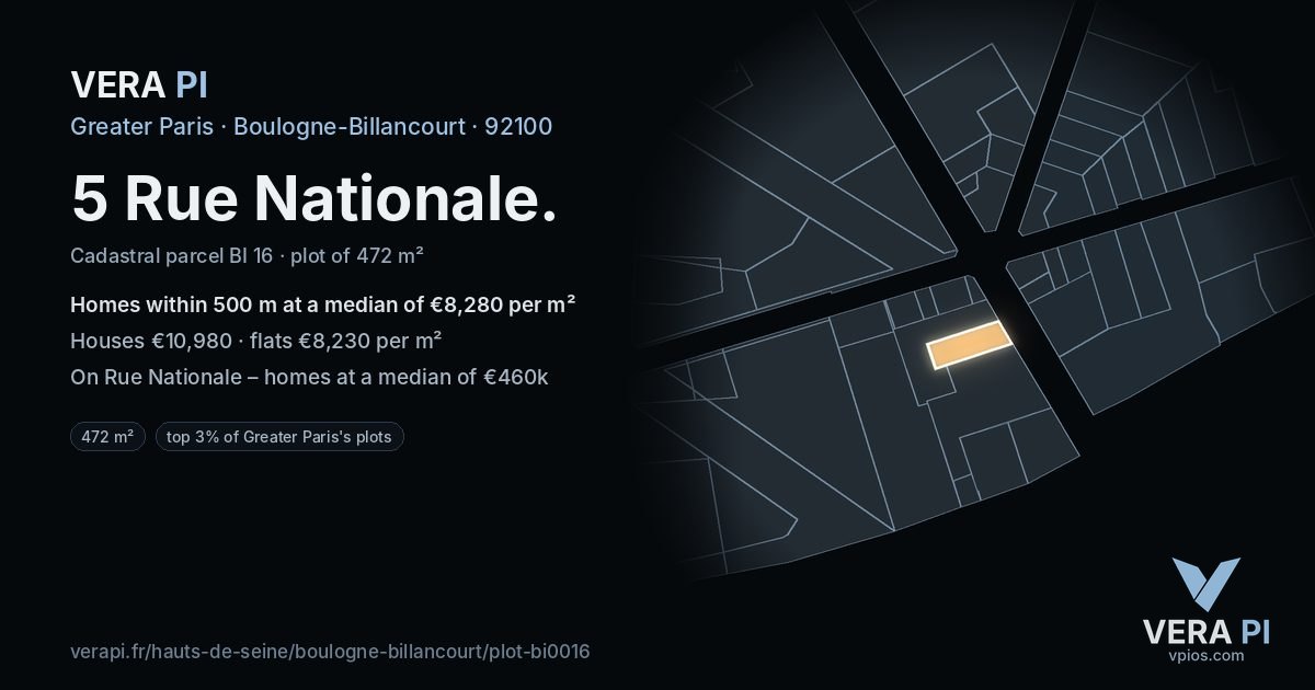 5 Rue Nationale, Boulogne-Billancourt at night – the plot lit, the parcels around coloured by the prices near them