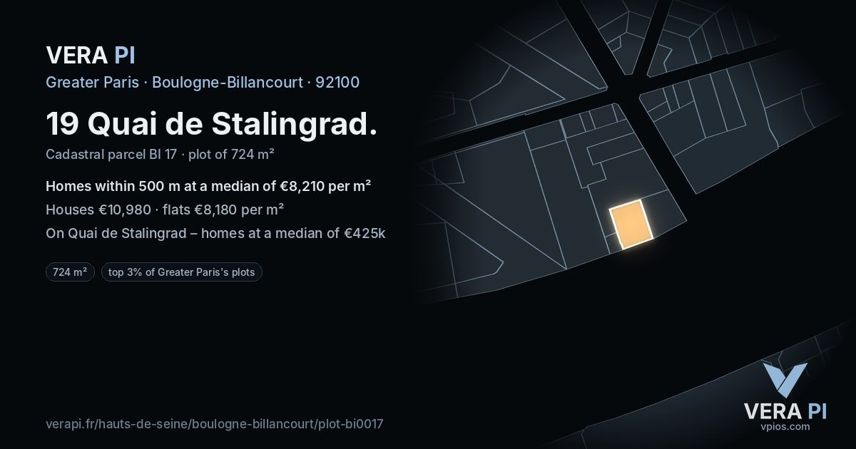 19 Quai de Stalingrad, Boulogne-Billancourt at night – the plot lit, the parcels around coloured by the prices near them