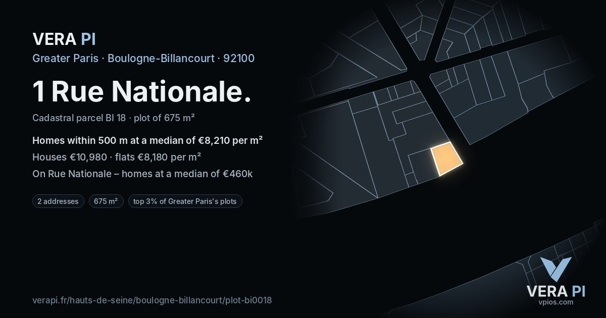1 Rue Nationale, Boulogne-Billancourt at night – the plot lit, the parcels around coloured by the prices near them