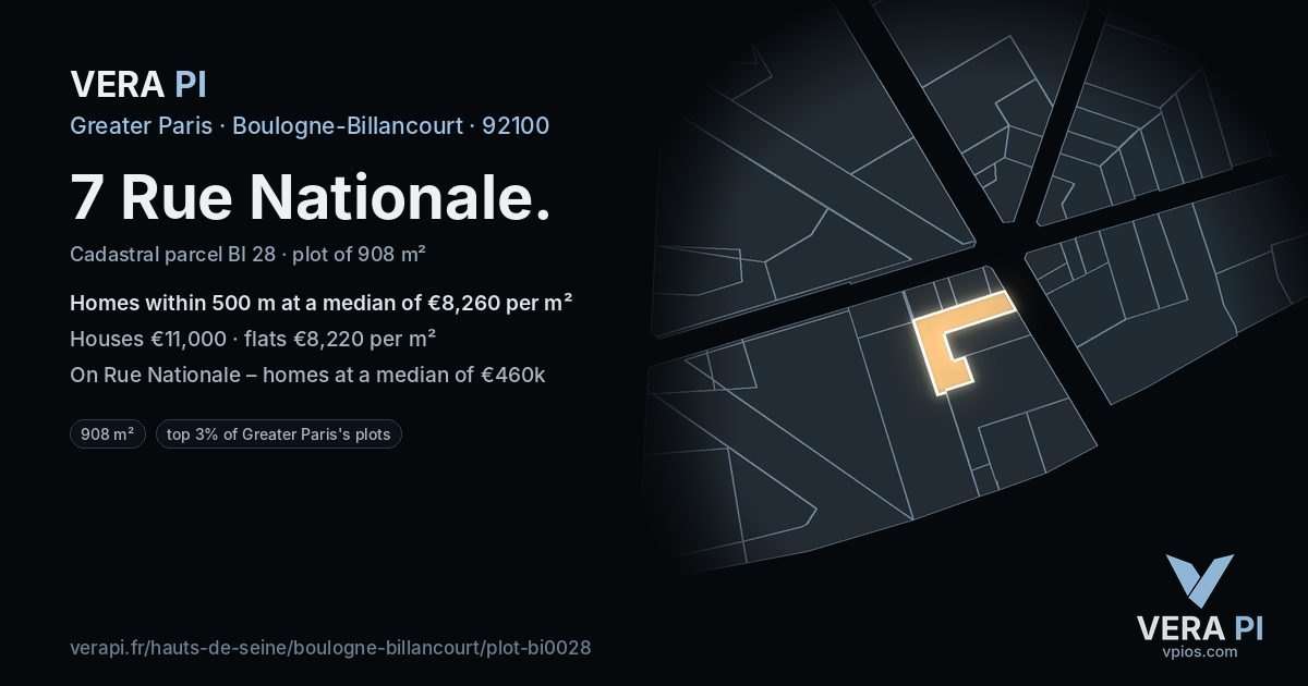 7 Rue Nationale, Boulogne-Billancourt at night – the plot lit, the parcels around coloured by the prices near them