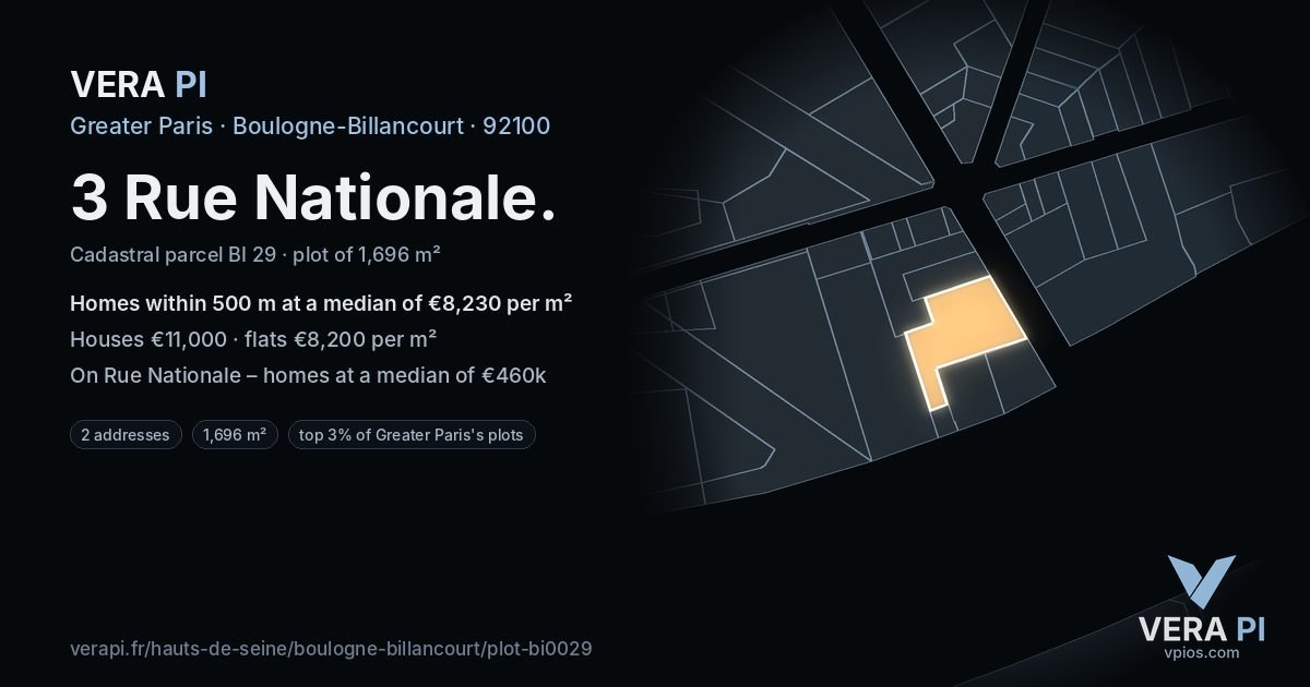 3 Rue Nationale, Boulogne-Billancourt at night – the plot lit, the parcels around coloured by the prices near them